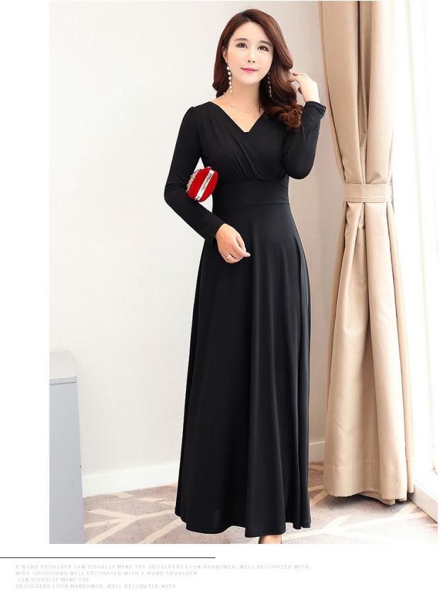 Phụ nữ phiên bản Hàn Quốc mới của mùa xuân và mùa thu đáy váy cổ chữ V eo cao là váy dài tay rộng, váy xòe dài thời trang váy dài nữ váy đi biển cho người thấp