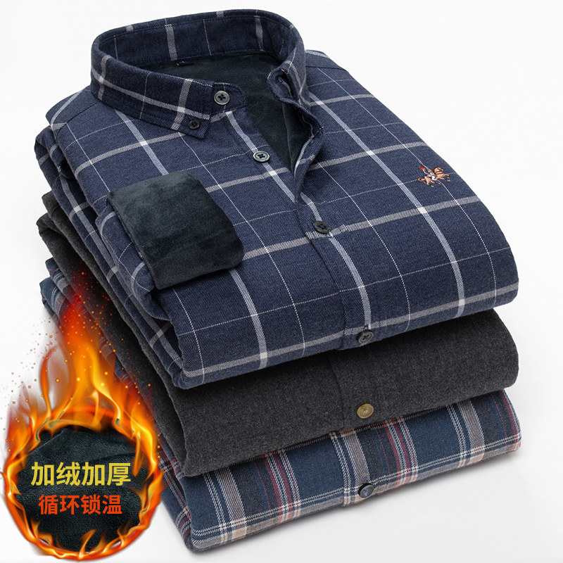 Olaf Laurenma polo men's warm shirts gapped with thickened winter pure cotton mill wool plaid lined with long sleeves middle-aged loose inch
