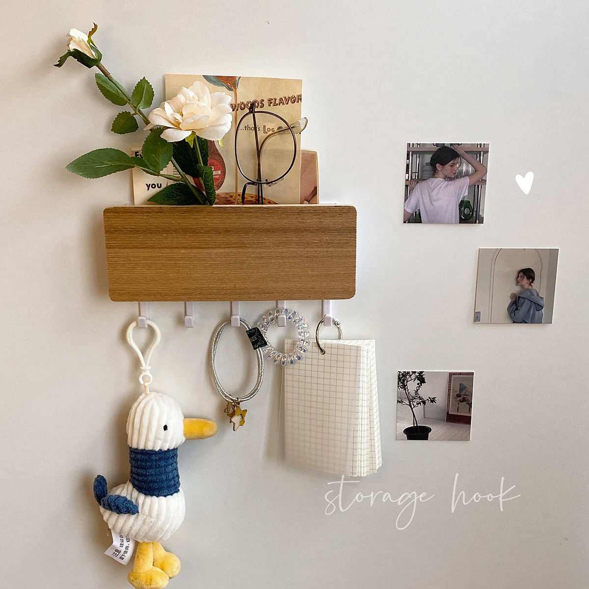 ins simple wooden wall hanging storage box Japanese entrance key rack wall hook hanging shelf free of punching