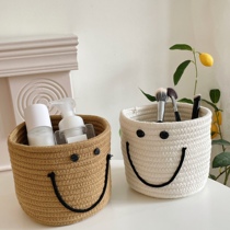 ins smiley face storage box desktop dormitory living room finishing cosmetics key woven basket coffee table sundries storage basket