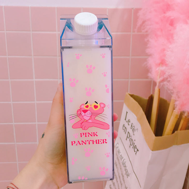 Hàn Quốc sáng tạo hộp sữa mô hình cốc nhựa phim hoạt hình cô gái trái tim màu hồng da báo cầm tay cốc sinh viên - Tách bình giữ nhiệt cho bé