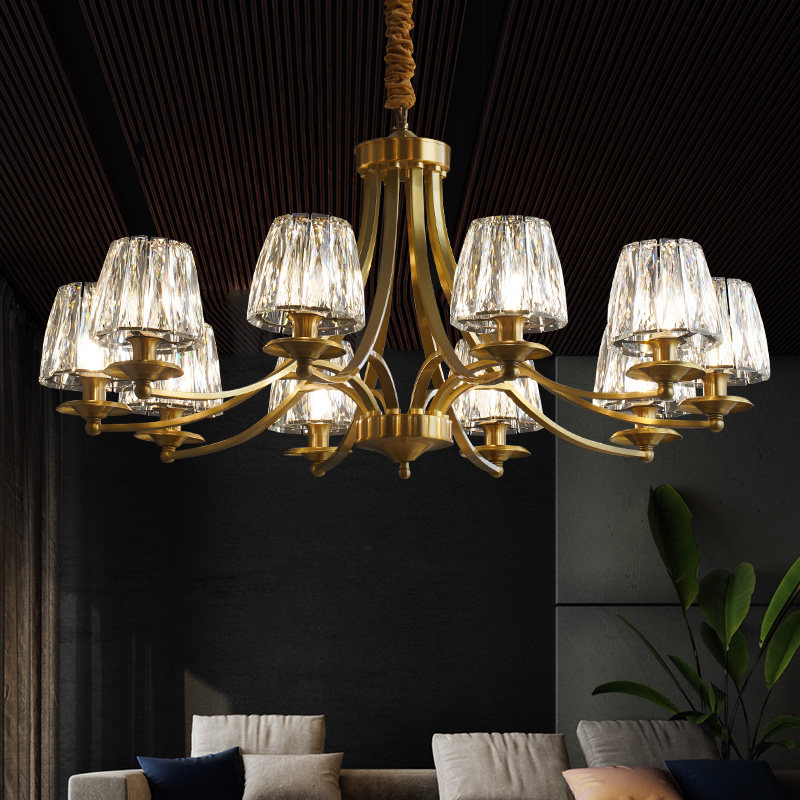 American light luxury chandelier all copper living room lamp dining room bedroom high-grade atmosphere simple postmodern crystal all copper chandelier