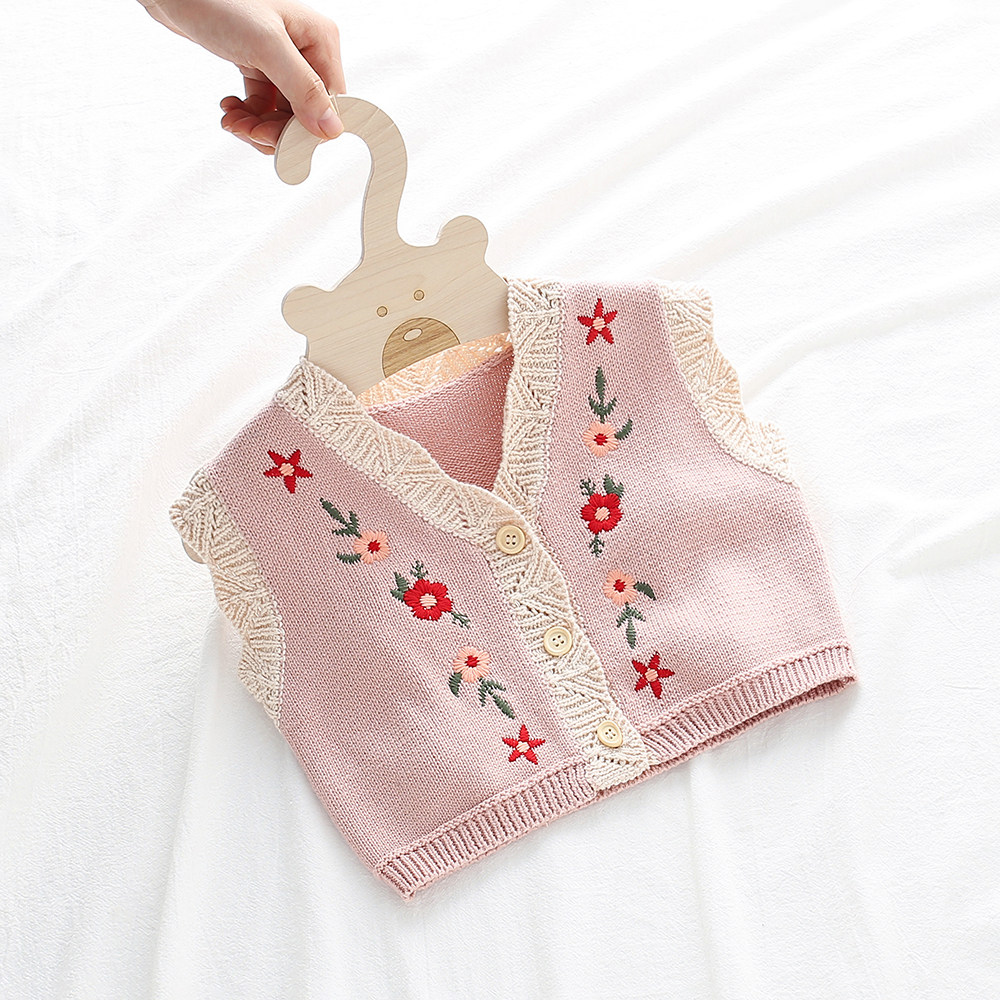 2023 Fall girl baby 0-2 year old sweater knitted sweater embroidered V-collar coat