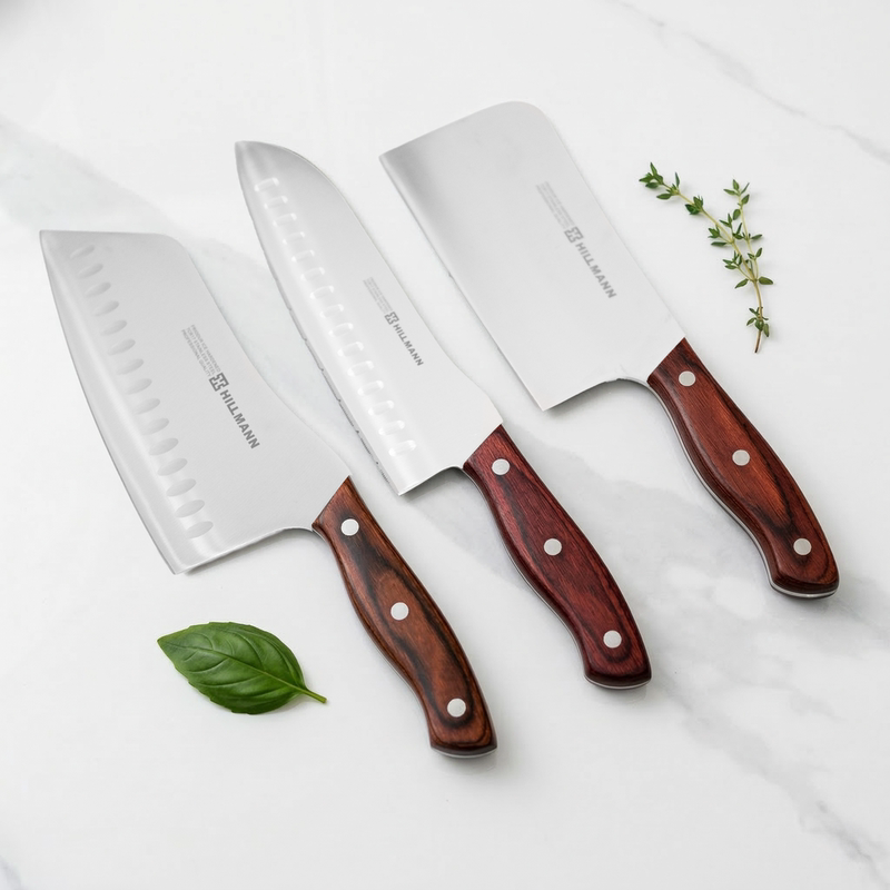 Shanghai Hillmann Third-Generation 7Cr Redwood Handle 3-Piece Knife Set, High Quality and Premium Grade, Comes with 6 Gifts