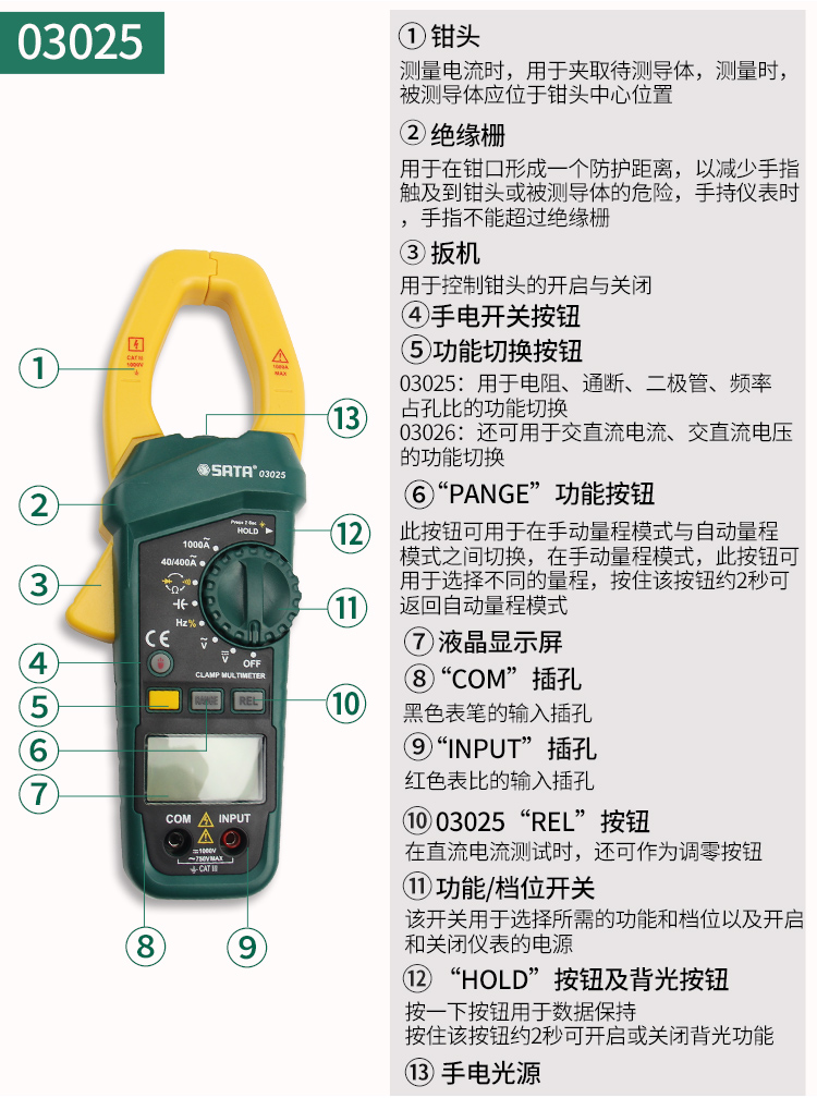 Shida Dụng cụ kẹp chính xác cao vạn năng Ampe kế kỹ thuật số Loại đồng hồ vạn năng AC và DC mét 03021 - Thiết bị & dụng cụ