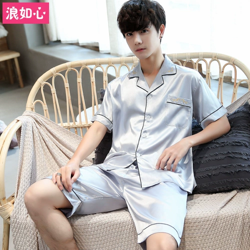 Пижама, тонкий летний комплект, шелковые осенние шорты, короткий рукав, осенняя, большой размер