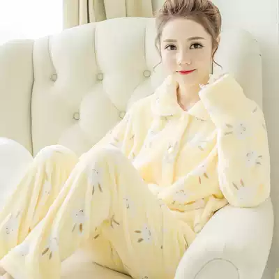 Autumn and winter coral velvet pajamas winter women thickened plus velvet long-sleeved autumn suit Korean version of sweet and cute flannel