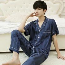 Pajamas mens summer silk thin short-sleeved trousers mens home clothes plus size 220 kg ice silk summer spring and autumn