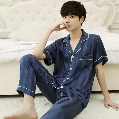Pajamas men's summer silk thin short-sleeved trousers men's home clothes plus size 220 kg ice silk summer spring and autumn