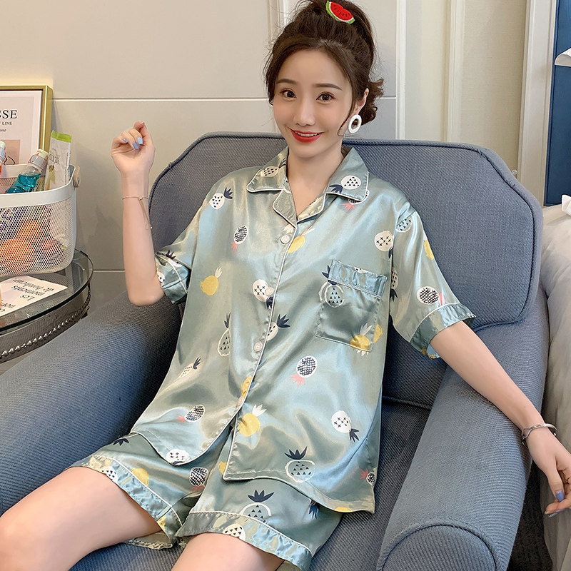Ice silk pajamas women's summer silk short-sleeved suit Korean version thin ice silk cute women's home clothes loose large size