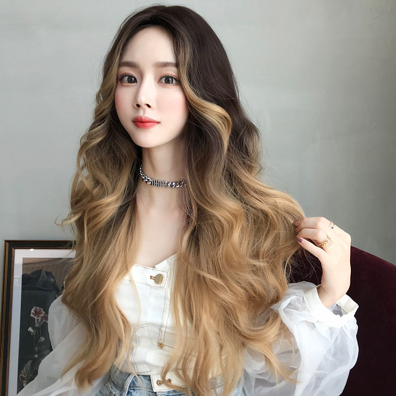 Lady Pick Dyeing Fake Maiden Wig Woman Full Head Jacketing Long Hair Color Midnet Red With Natural Big Wave