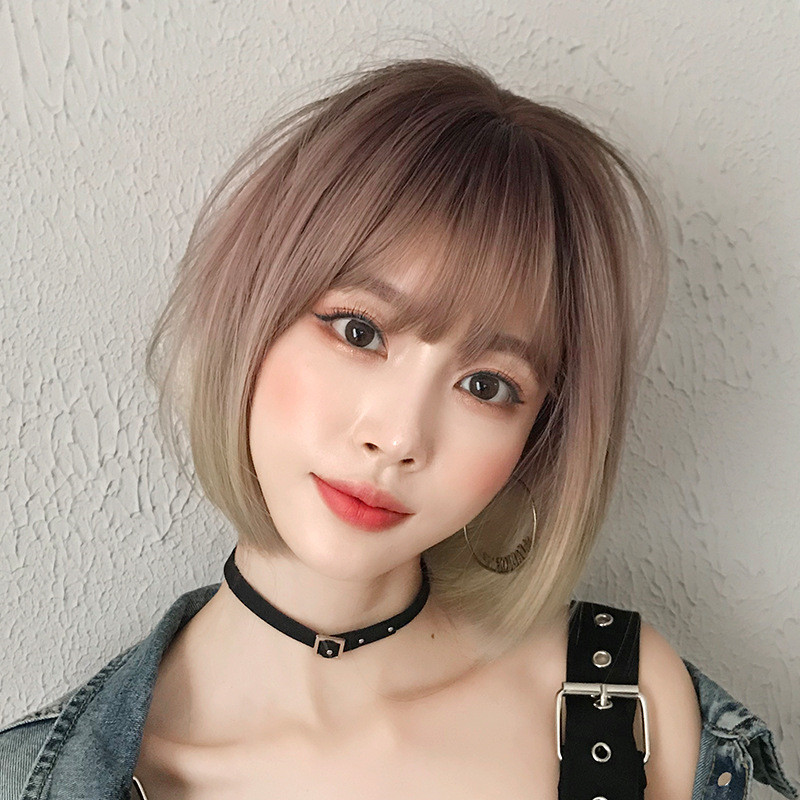 Wig Woman Short Hair Popo Bobo Head Full Headgear Style Natural Woman Style Young in the Face Net Red Gradual Rose Gold
