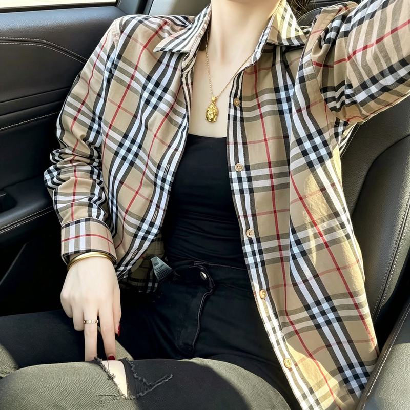 Non-Market Goods~ Women's Short-Sleeve Plaid Shirt, Pure Cotton, Versatile Retro Bbr Burberry Classic Checkered Shirt, Women's Top