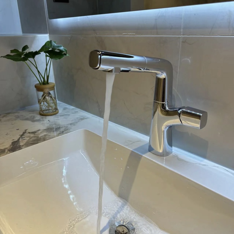 Xiaohongshu Same Style Multifunctional Pull-Out, Adjustable, Rotating, Hot and Cold Dual-Use Washbasin Faucet in Silver