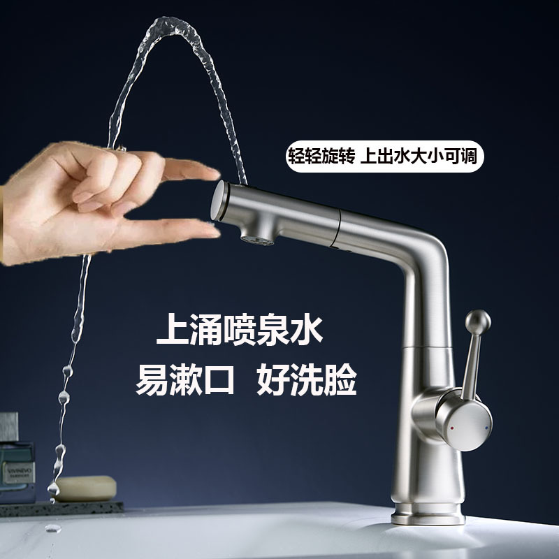 Brushed Nickel Pull-Out Multifunctional Hot and Cold Faucet with Adjustable Height, Rotating Spout, and Pull-Down Feature