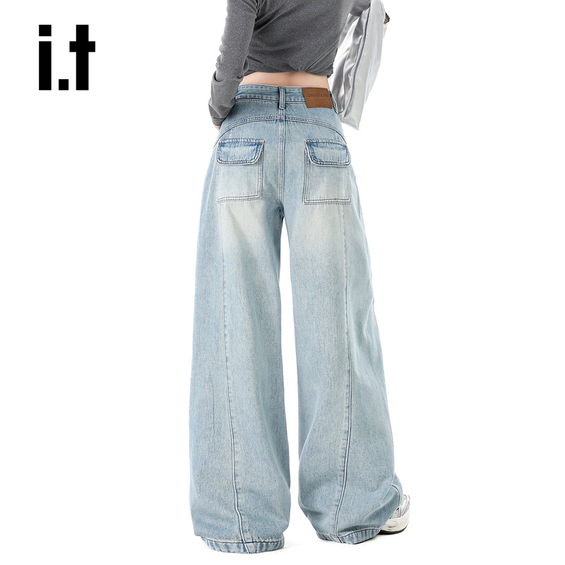 It: Chocoolate Light Blue Scimitar-Cut Jeans for Women, New Spring Design, Loose Wide-Leg Pants