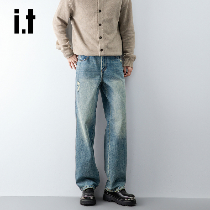 Chocoolate Vintage Distressed Straight-Leg Jeans for Men, Trendy American Style, Loose and Versatile Wide-Leg Long Pants