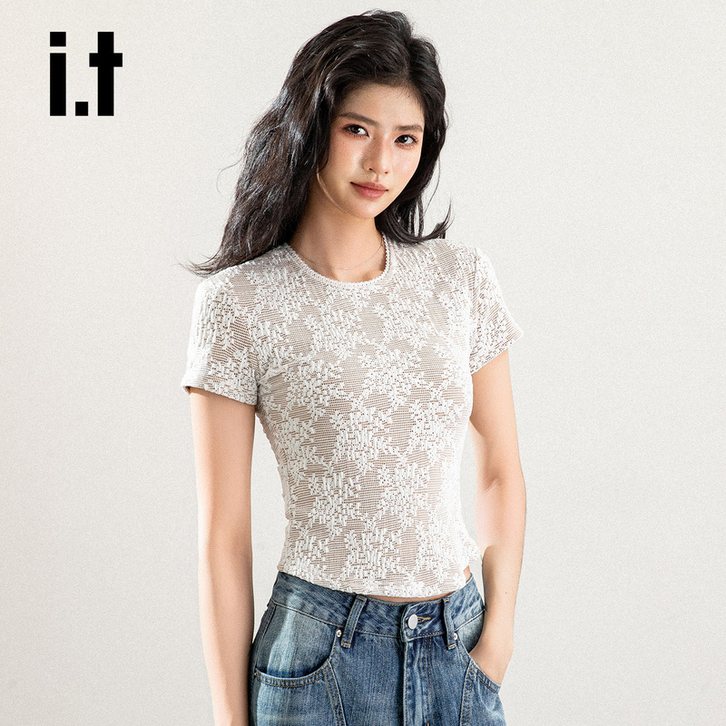 Chocoolate Pure White Lace Short-Sleeved Shirt for Women Chic Early Spring Round Neck Slim Fit T-Shirt Top