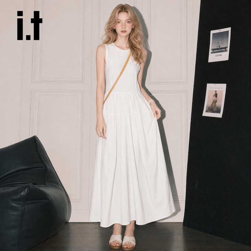 It: Chocoolate French-Style White Sleeveless Vest Dress for Women, New Summer Vacation Patchwork Long Skirt with a Large Hem