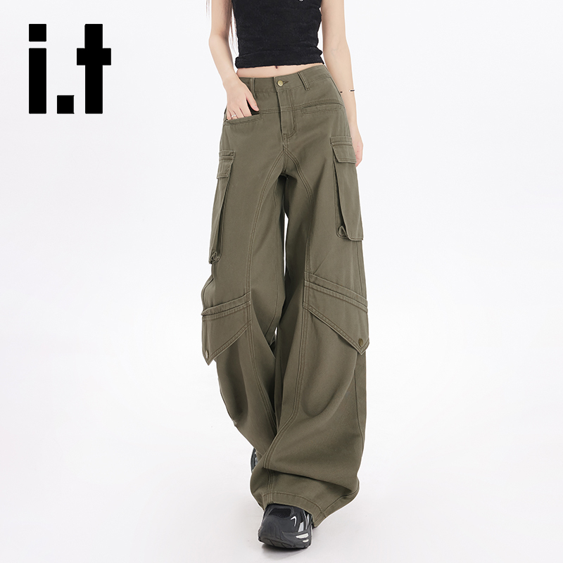 It: Chocoolate Army Green Workwear Casual Pants for Women, Stylish and Cool, Multi-Pocket High-Waisted Jeans for Women