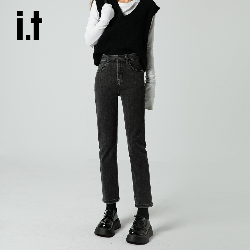 It: Chocoolate Black and Gray Cropped Straight-Leg Jeans for Women, New High-Waisted Slim-Fit Cigarette Pants for Petite Figures