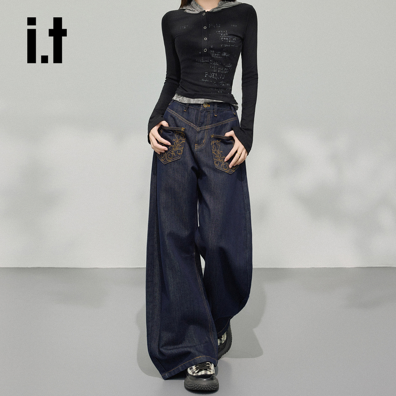 It: Chocoolate American Retro Dark Blue Embroidered Wide-Leg Jeans for Women, New Spring High-Waisted Scimitar Pants
