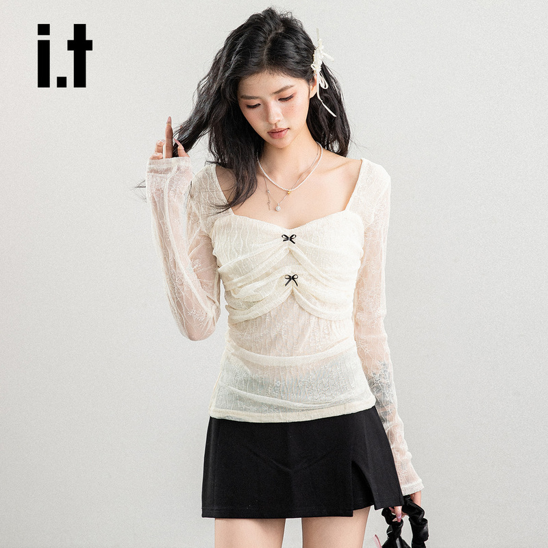 Chocoolate French-Style Pure Desire Lace Long-Sleeve T-Shirt for Women with Square Neck, Bow Tie, Waist-Cinching, Slim-Fit Top