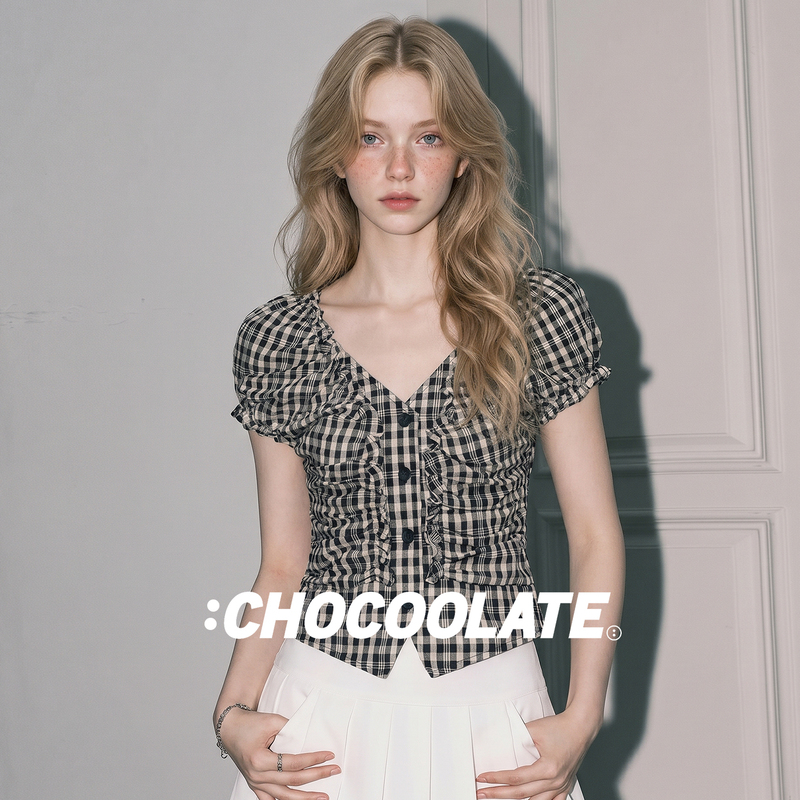 It: Chocoolate Korean-Style Plaid V-Neck Puff Sleeve Waist-Cinching Shirt for Women, Summer 2026, Thin Slim-Fit Top It: Chocoolate Korean-Style Plaid V-Neck Puff Sleeve Waist-Cinching Shirt for Women, Summer 2026, Thin Slim-Fit Top