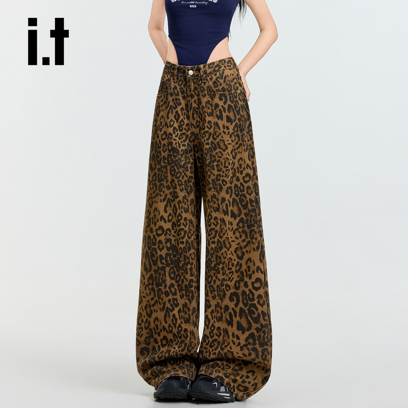 It:Chocoolate Retro Leopard Print Wide-Leg Jeans for Women, High-Waisted, Loose-Fitting, Slimming Straight Pants