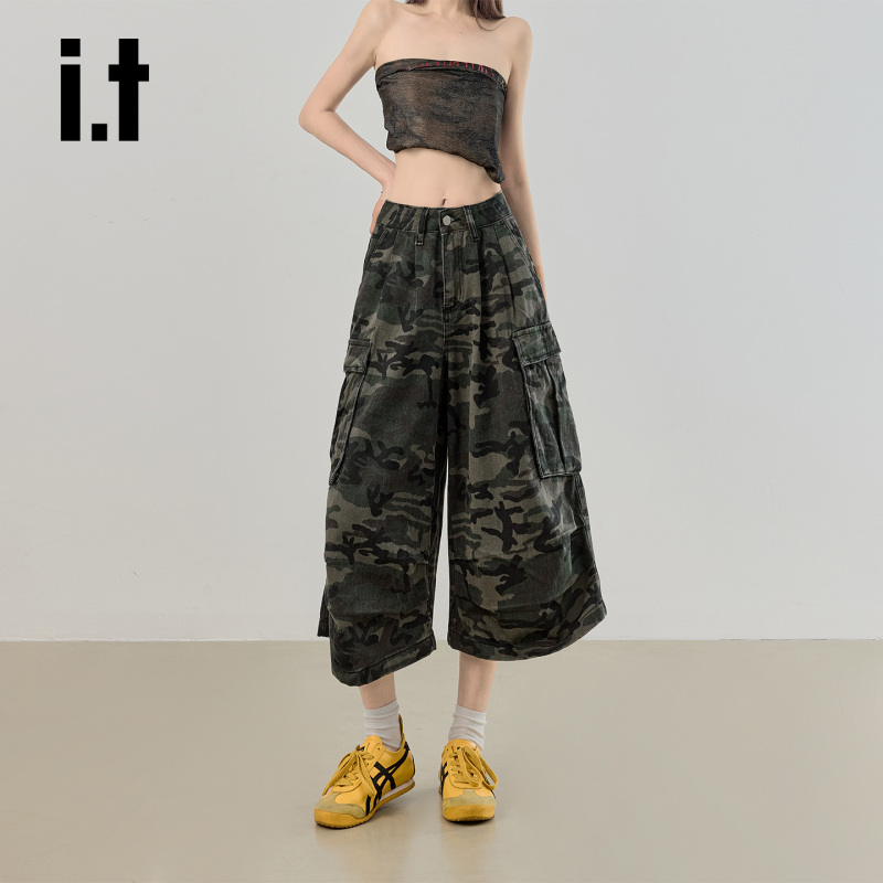Chocoolate Camouflage Workwear Cropped Jeans for Women 2026 New Style Large Pocket Loose Wide-Leg Mid-Length Pants