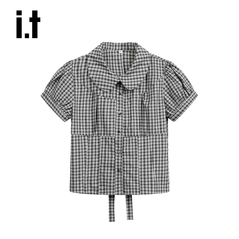 It: Chocoolate Korean-Style Plaid Puff Sleeve Shirt for Women, Summer Lace-Up Short-Sleeve Doll Collar Top It: Chocoolate Korean-Style Plaid Puff Sleeve Shirt for Women, Summer Lace-Up Short-Sleeve Doll Collar Top