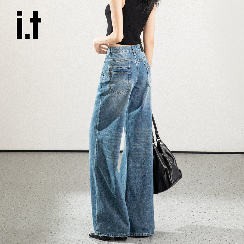 It:Chocoolate American Retro Low-Waist Straight-Leg Jeans for Women, New Spring Style, Pear-Shaped Loose Wide-Leg Pants