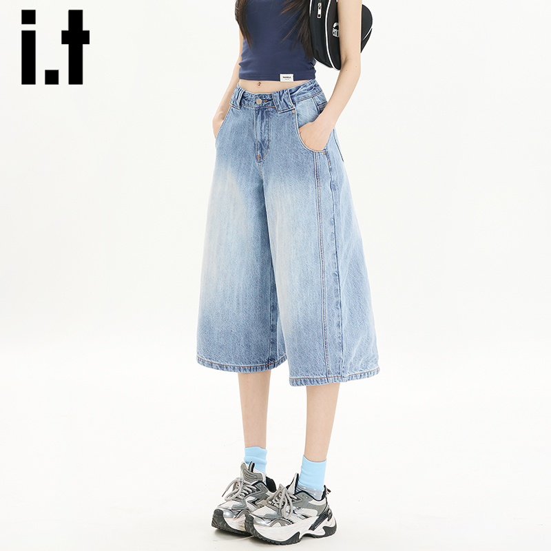 It: Chocoolate American-Style Cropped Denim Shorts for Women, New Spring High-Waisted Design, Wide-Leg Mid-Length Pants