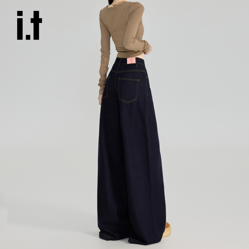 It: Chocoolate American Retro Dark Blue High-Waisted Wide-Leg Jeans for Women, New Summer Style, Loose Floor-Length Pants