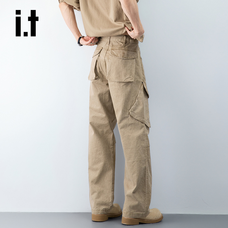 It: Chocoolate Retro Khaki Workwear Jeans for Men with Multiple Pockets, Loose Fit, Functional Wide-Leg Paratrooper Pants
