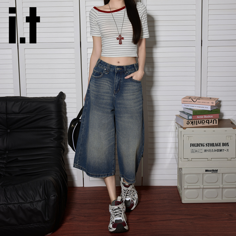 It: Chocoolate American-Style Denim Capri Pants for Women, Spring Drapey Straight Loose Shorts, Relaxed Mid-Length Pants