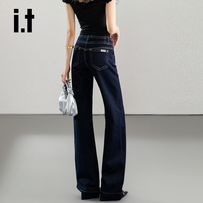 It:Chocoolate Hot Girl Low-Waist Straight-Leg Flared Jeans for Women, Retro Dark Blue Non-Tight Flared Pants