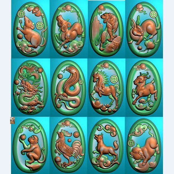 Finely Carved Plot Relief Map Grey Map Bmp Zodiac Zodiac Full Set of Elliptical Pig, Tiger Mouse Pendant Jade Sculpture