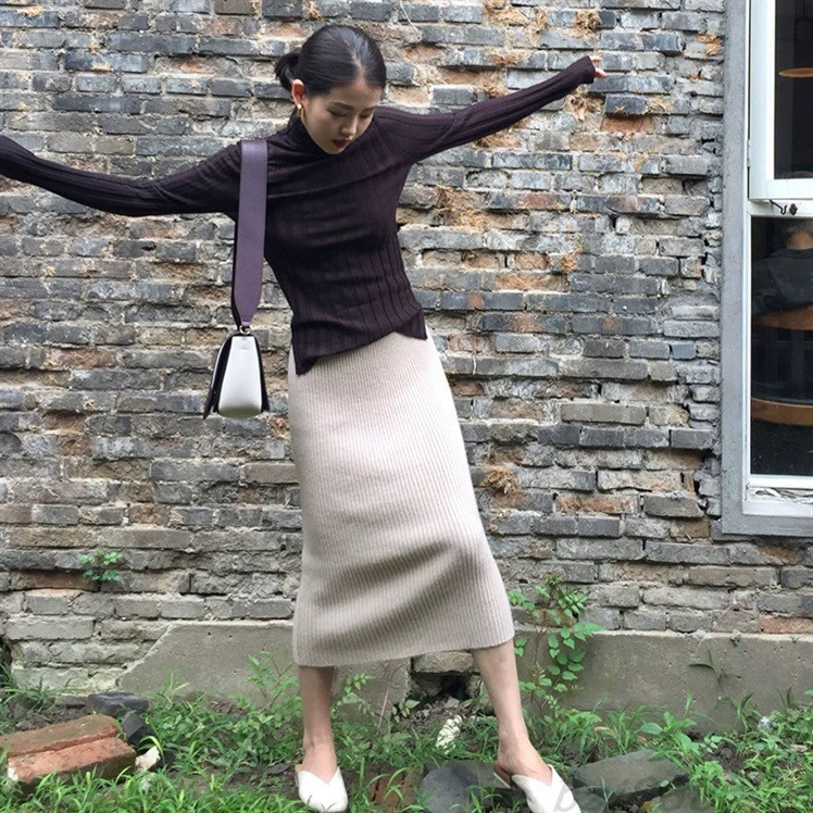 Thu đông mới 100% nguyên chất cashmere váy một bước, váy ngang hông, váy dài dệt kim, váy len mỏng, mỏng và mỏng - Váy