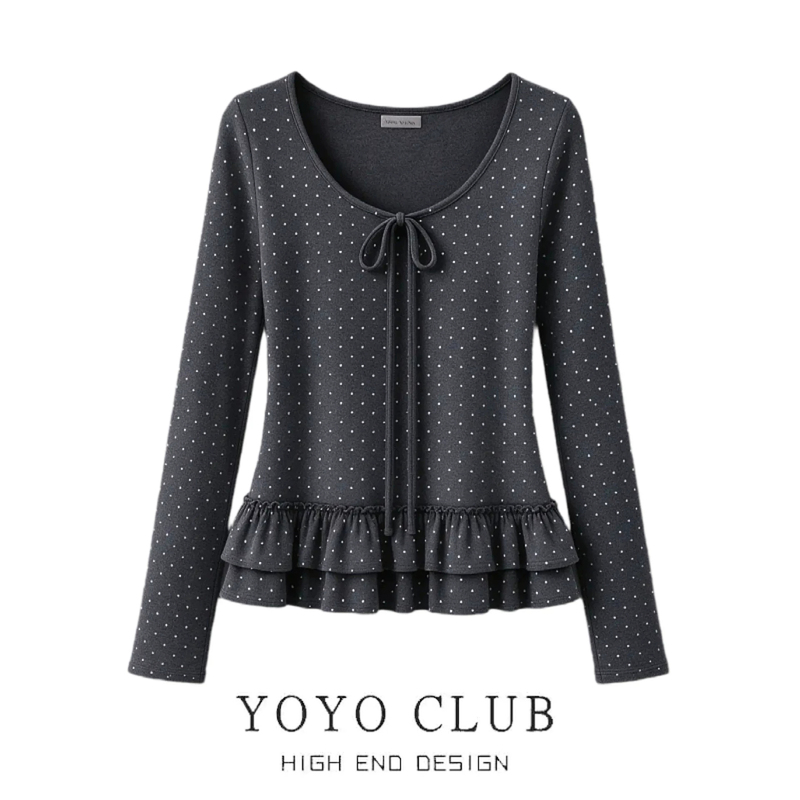 Brand Discount Korean Retro Ruffled Polka Dot Tie Long-Sleeve T-Shirt for Women, Autumn Slim-Fit Base Shirt Top Brand Discount Korean Retro Ruffled Polka Dot Tie Long-Sleeve T-Shirt for Women, Autumn Slim-Fit Base Shirt Top
