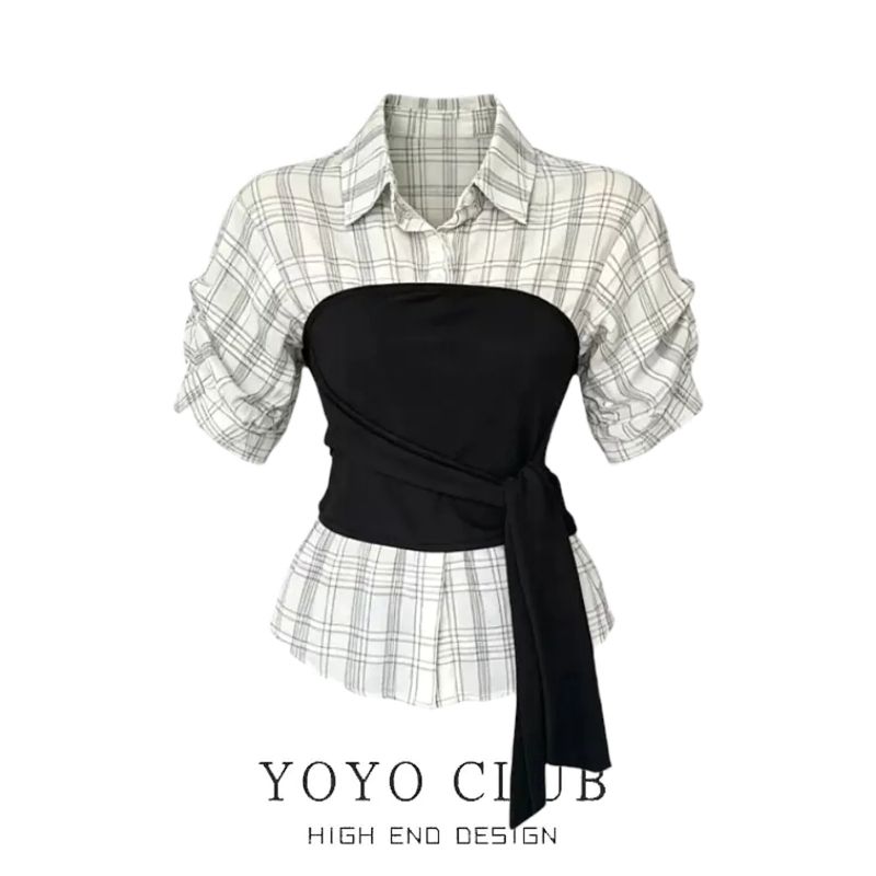 Brand Discount Korean-Style Atmospheric Faux Two-Piece Patchwork Design Tie-Up Plaid Shirt for Women, Casual Slim-Fit Top