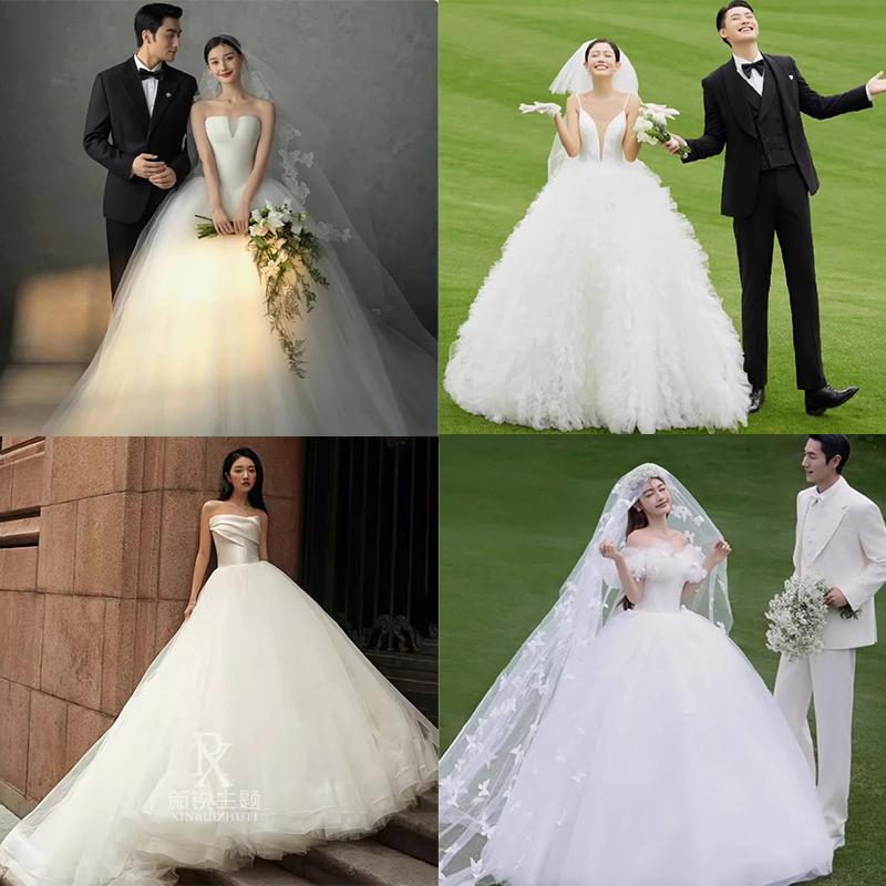 New Style Wedding Dress, Korean-Style Strapless, Suitable for Travel Photography, Long Train Gown, Outdoor Lawn Photo Studio Theme Clothing, White Performance Costume