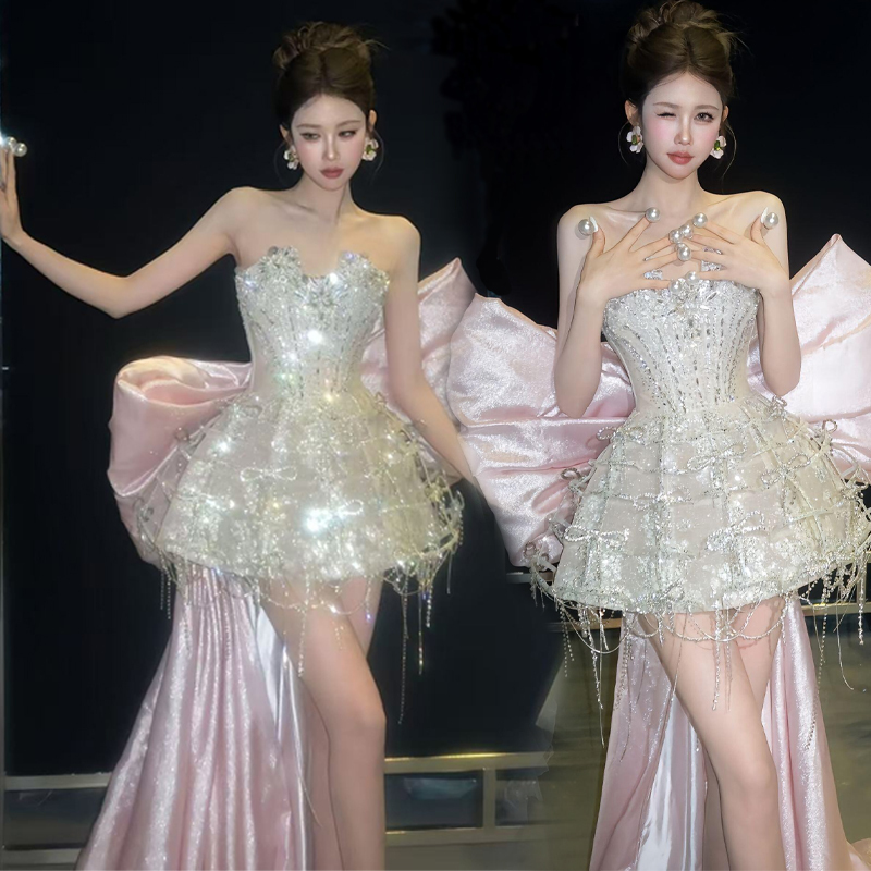 New Style Birthday Party Outfit, Strapless Short Dress, Wedding Dress, Heavy Beading, High-End Feel, Banquet Host Performance Costume
