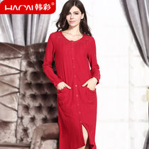 Han Cai pajamas womens long sleeve cotton autumn and winter red Bride wedding sexy lace Lady nightgown wedding home clothes