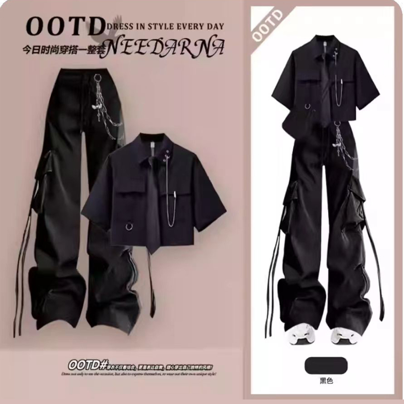 Dark Style Workwear Suit for Older Children and Teenagers, Women's Short-Sleeved Chain-Decorated Cool and Edgy Street Performance Outfit, Black