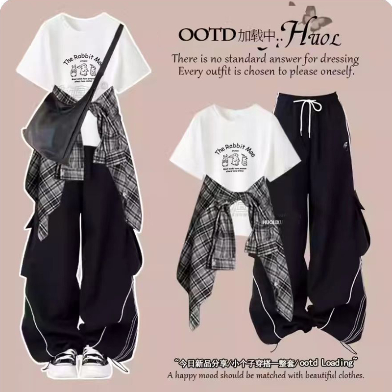 Korean Style College-Style Round Neck Short-Sleeved T-Shirt for Older Children, Women's Summer Sun Protection Layered Three-Piece Street Style Set