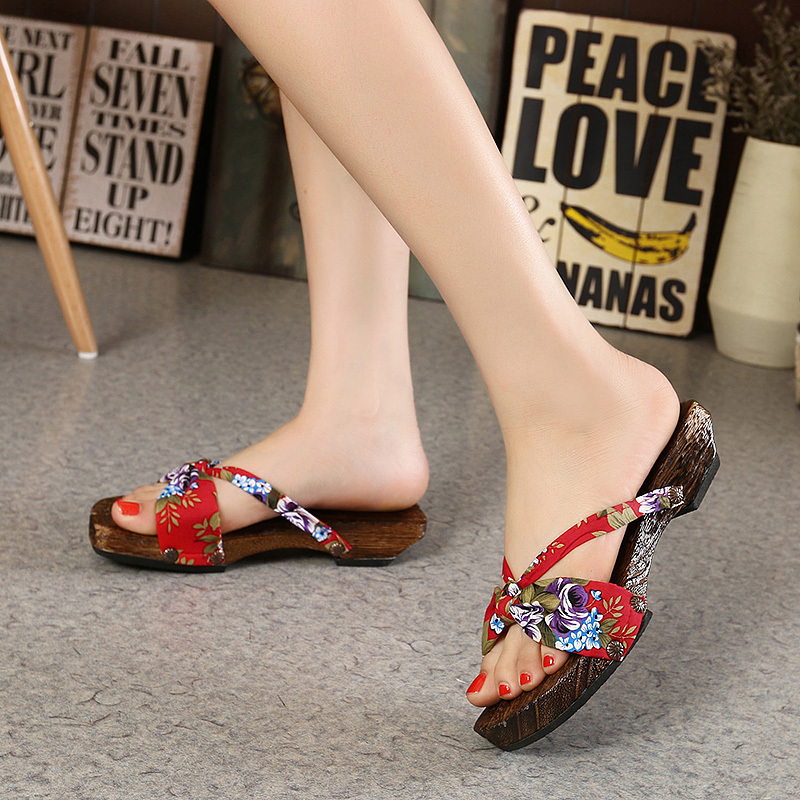 Chinese-Style Paulownia Wood Double-Strap Floral Women's Wooden Slippers, Clogs, Kimono Women's Slippers, Ancient-Style Women's Sandals