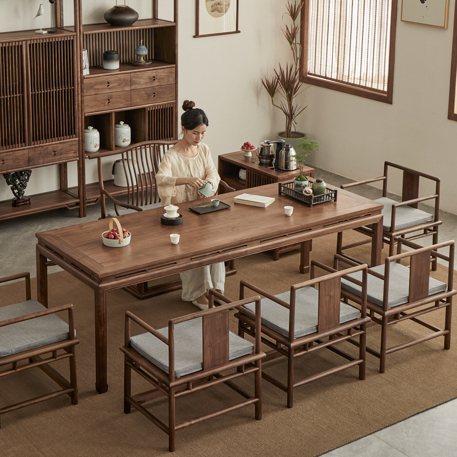 New chinoiserie solid wood tea table and chair combination, black ...