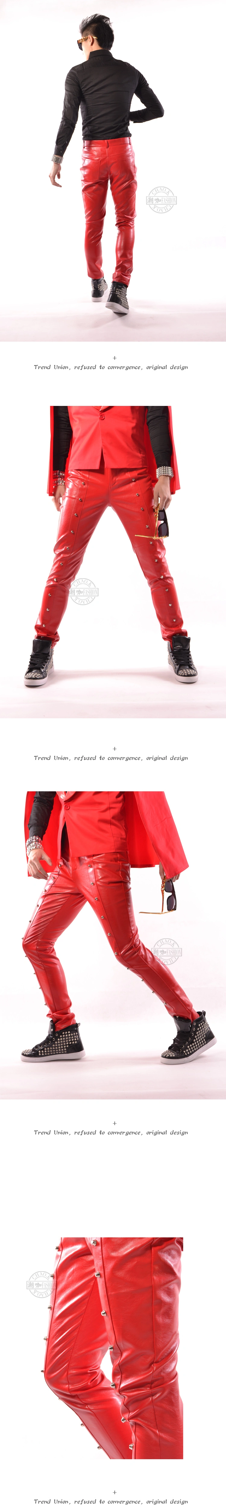 mens leather pants stage personality Red rivet pant men pu trousers singer dance rock fashion pantalon homme street star style harem outfit