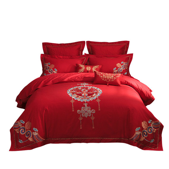 Chinese embroidery cotton wedding four-piece set big red wedding quilt cover bed simple cotton wedding quilt wedding bedding